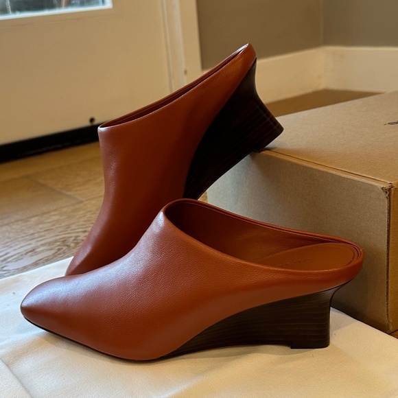 Vince Leather Benita Square Toe Slip On Clog Wedge Heel Pumps (Rust Amber) - Picture 16 of 16